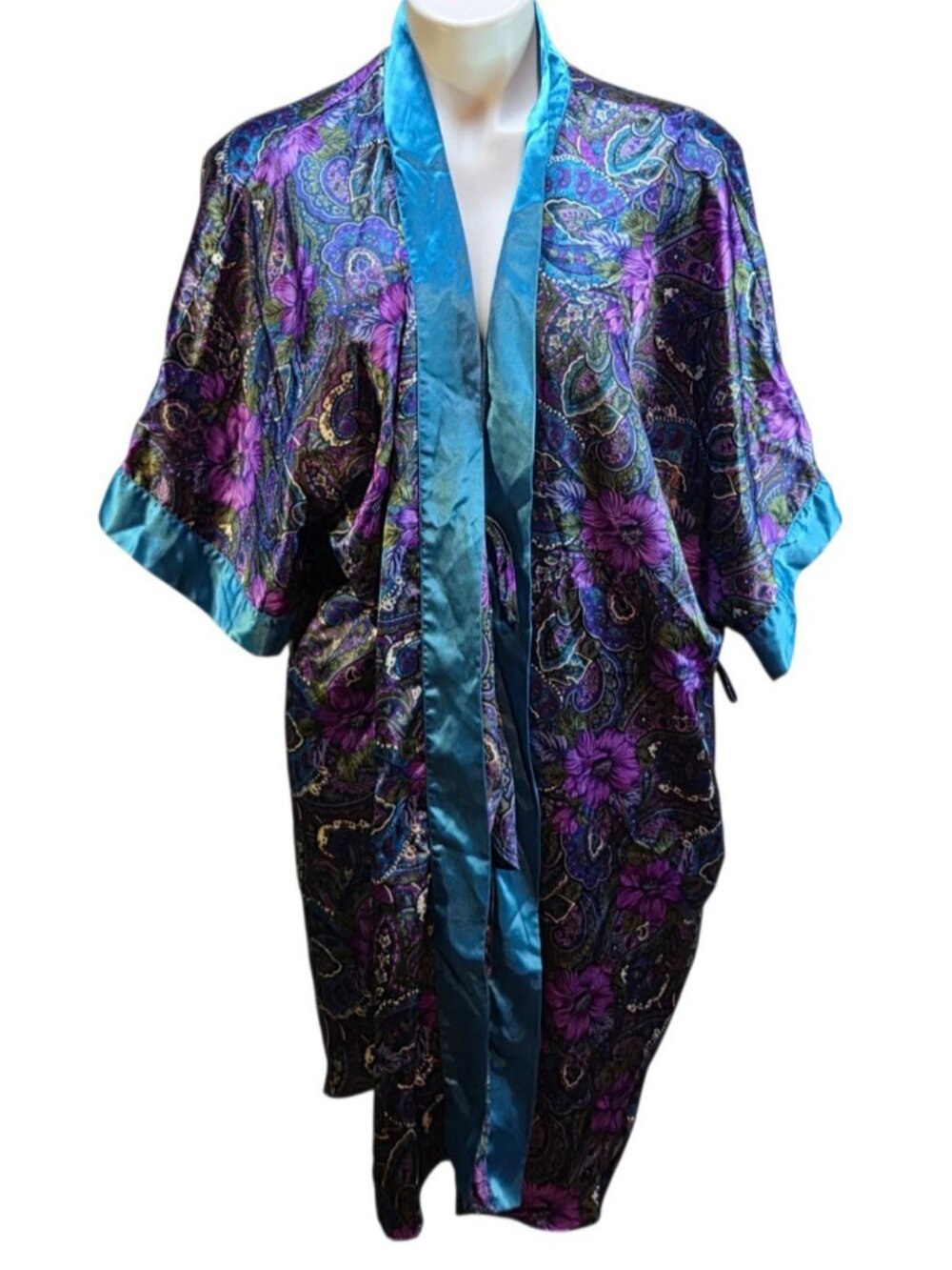 Tesovo Floral Paisley Satin Robe Kimono Purple Blue One Size Vintage Style